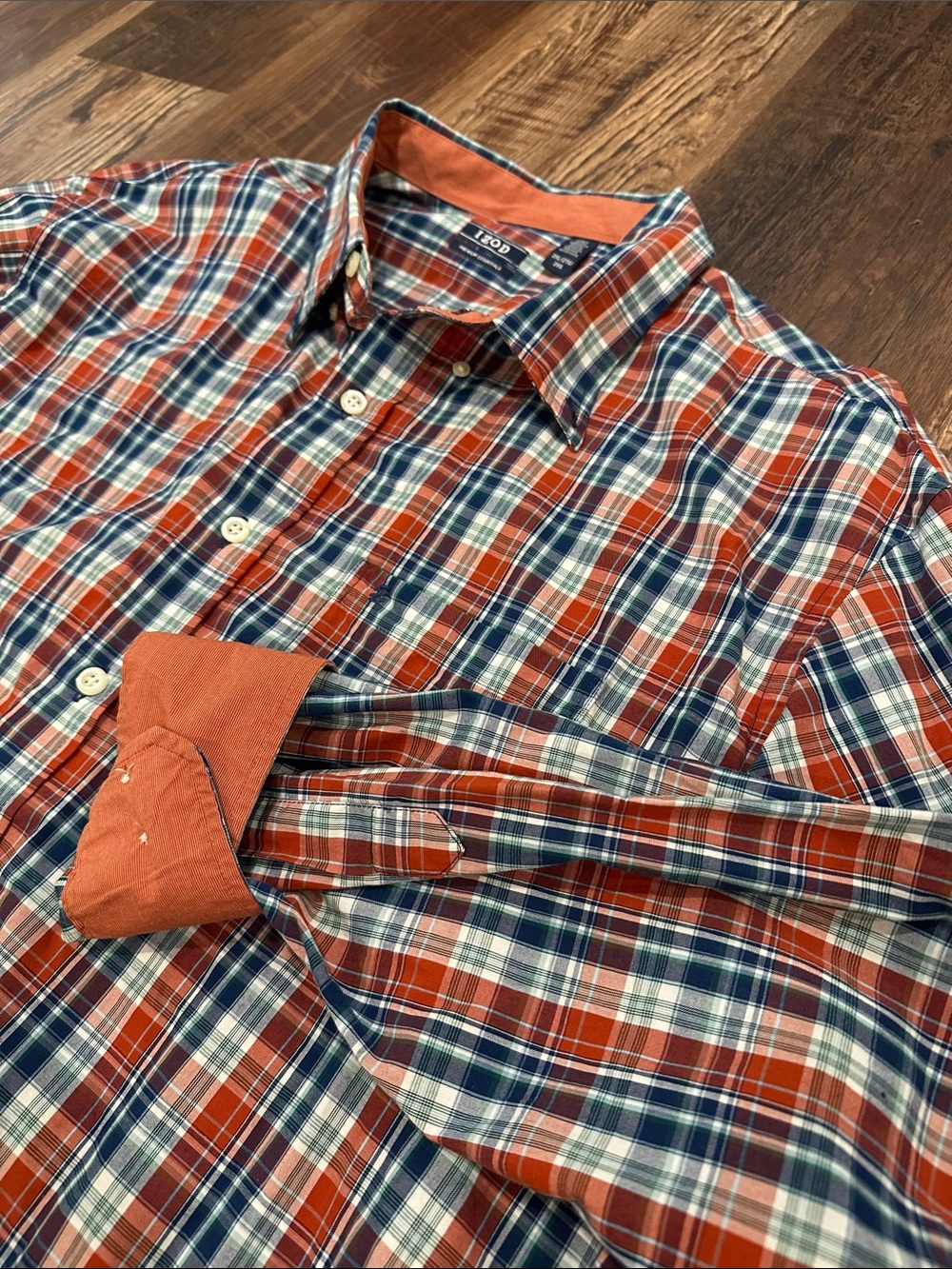 Izod Premium Essentials Men's Orange and Blue Plaid Button-Down Shirt 2XL